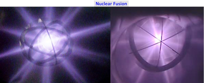 Two depictions of nuclear fusion side-by-side. The energy emitted from within the rings resembles purple beams of light.